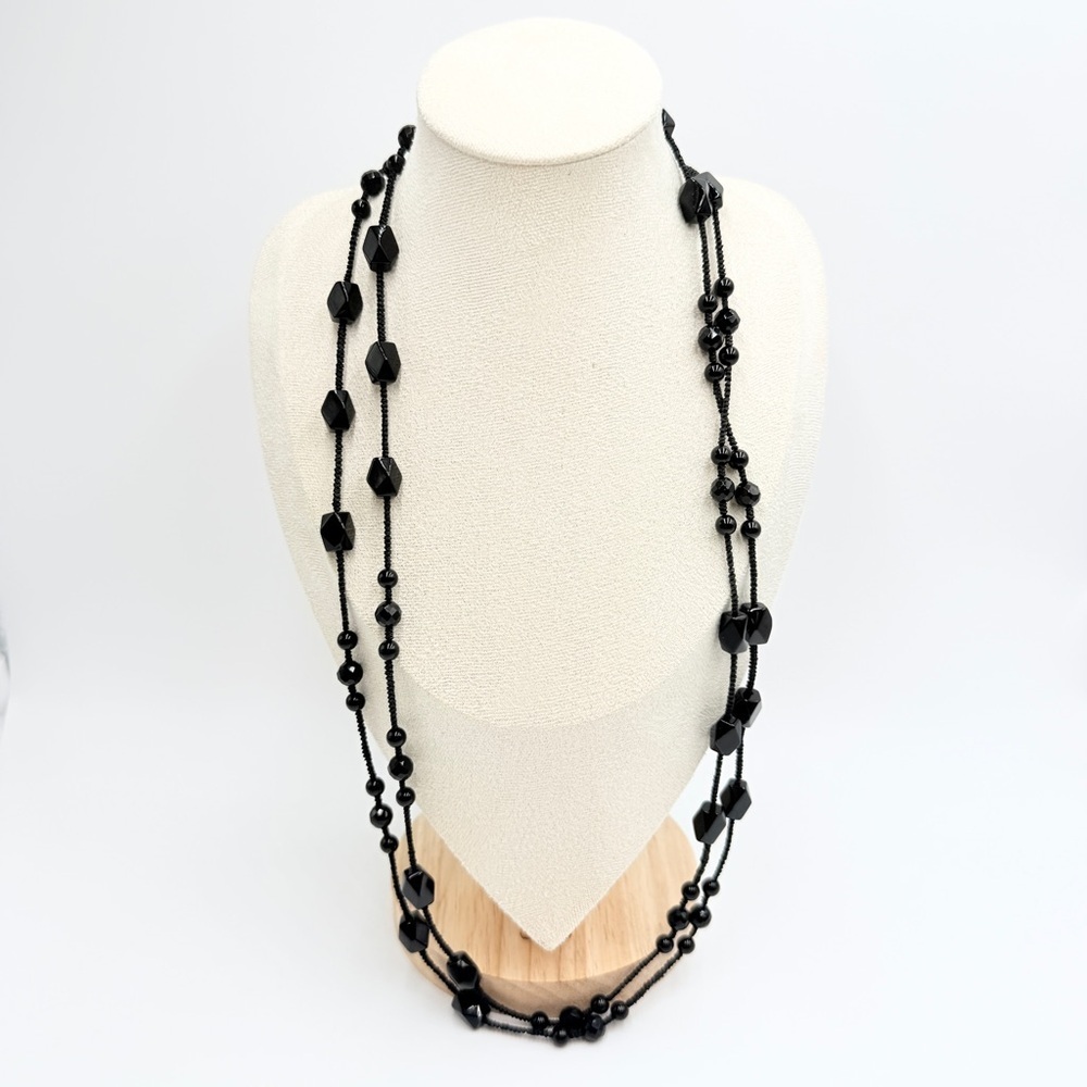 Black Faceted Beaded Long Necklace Knotted Geometric Statement